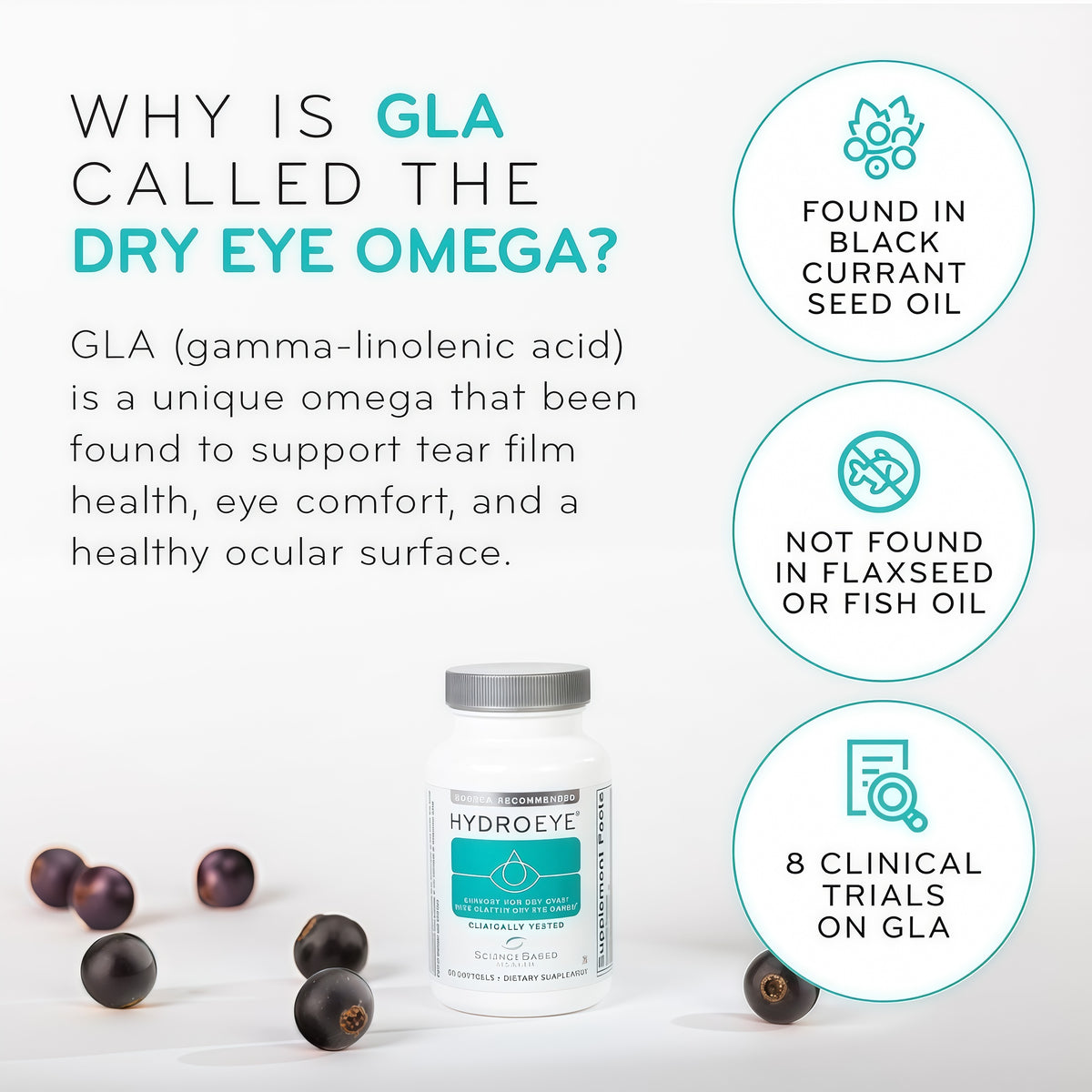 HydroEye Dry Eye Supplement, Clinically Tested, GLA & Omega3s - 120 Count Supports a healthy tear film and ocular surface, eye comfort from within, 30-day supply