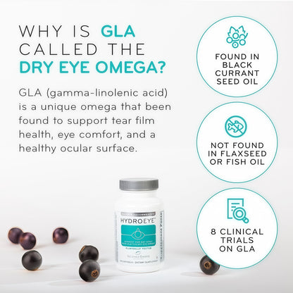 HydroEye Dry Eye Supplement, Clinically Tested, GLA & Omega3s - 120 Count Supports a healthy tear film and ocular surface, eye comfort from within, 30-day supply