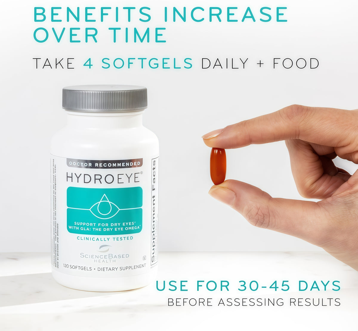 HydroEye Dry Eye Supplement, Clinically Tested, GLA & Omega3s - 120 Count Supports a healthy tear film and ocular surface, eye comfort from within, 30-day supply